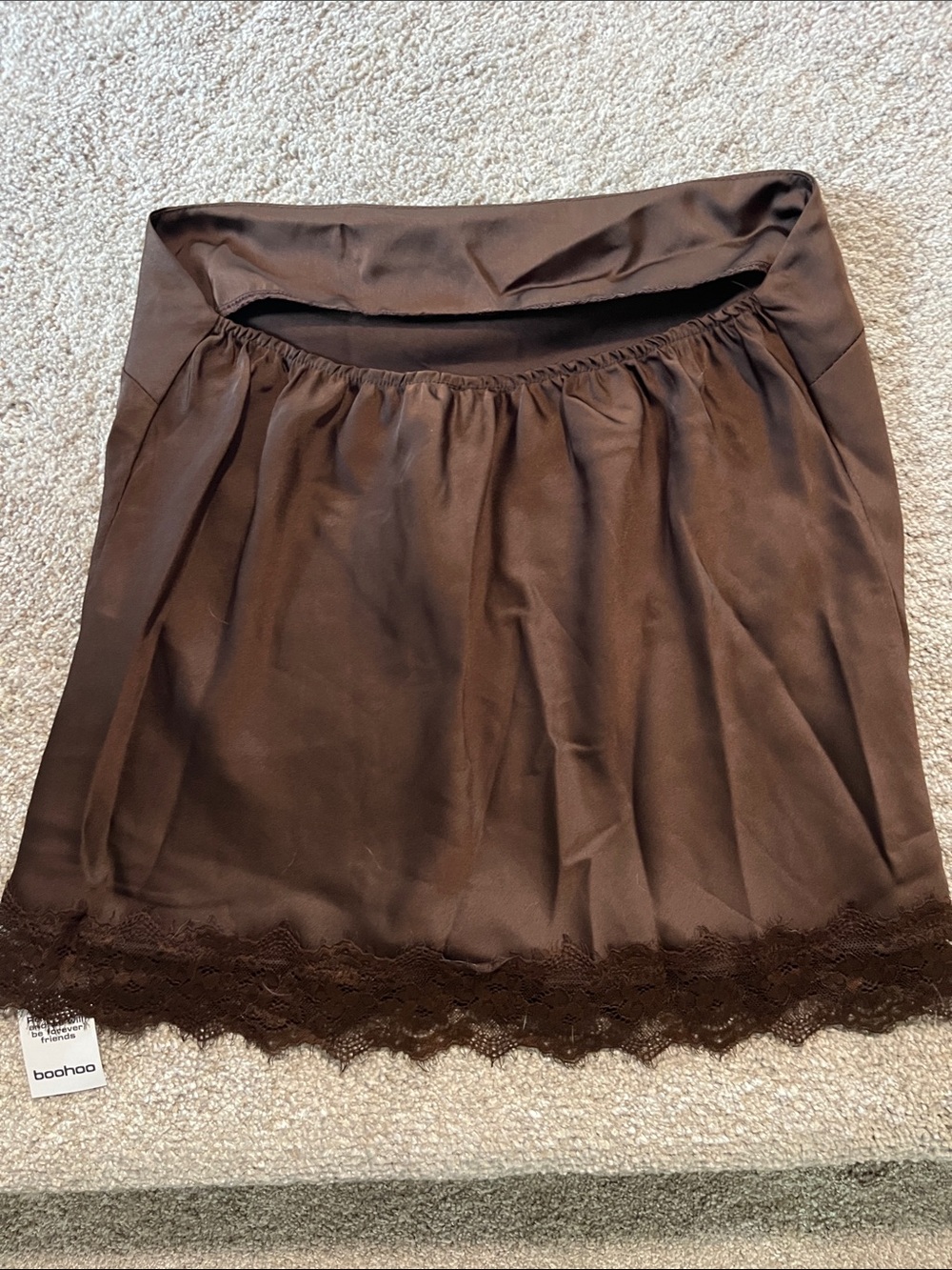 Boohoo Chocolate Brown Satin Lace-Hem Slip Top - Picture 2 of 3